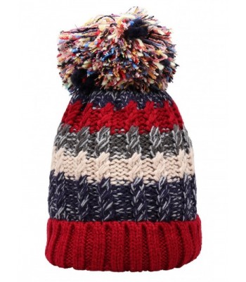 Women Winter Beanie Warm Colorful Cable Knit Fleece Lined Pom Hat M29 - Red - C91867E86WM