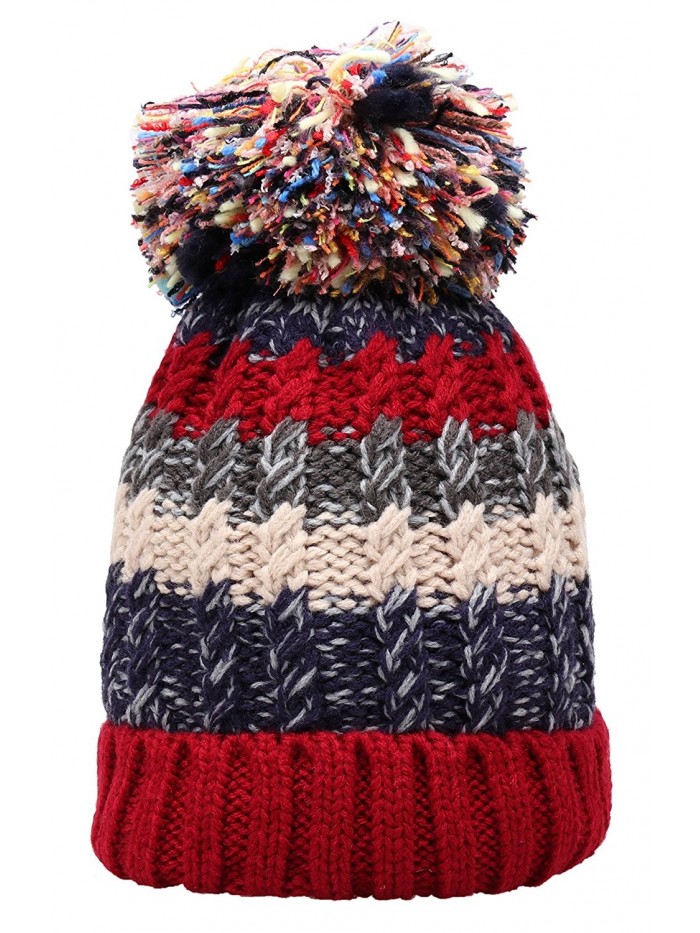 Women Winter Beanie Warm Colorful Cable Knit Fleece Lined Pom Hat M29 - Red - C91867E86WM