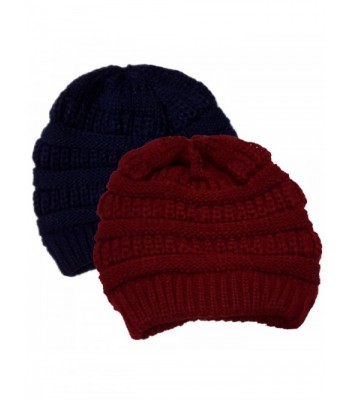 2 Pack-Winter Womens Mens Slouchy Soft Stretch Cable Knitted Slouchy Beanie Caps Skully Hat - Darkred-darkblue - CZ12MXWQKSZ