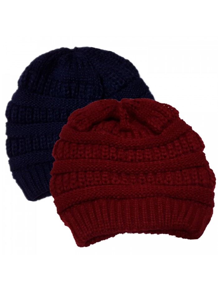 2 Pack-Winter Womens Mens Slouchy Soft Stretch Cable Knitted Slouchy Beanie Caps Skully Hat - Darkred-darkblue - CZ12MXWQKSZ