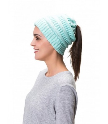 Lemef Women Cable Knit BeanieTail Messy Bun Ponytail Cap Warm Winter Beanie Hat - Light Blue - C3188UK0MI3