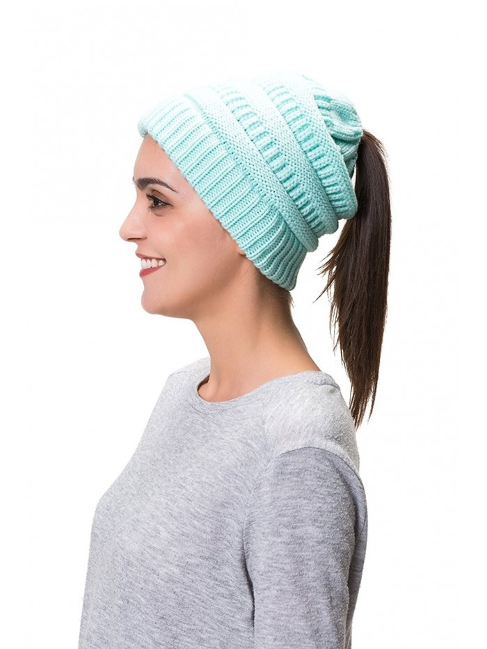 Lemef Women Cable Knit BeanieTail Messy Bun Ponytail Cap Warm Winter Beanie Hat - Light Blue - C3188UK0MI3