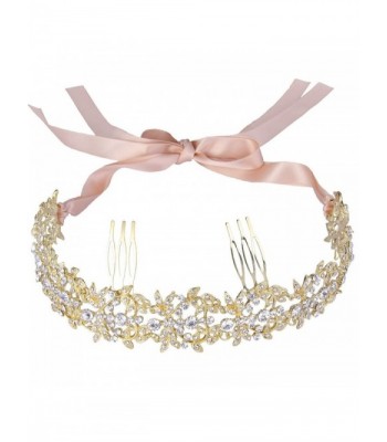 EVER FAITH Austrian Crystal Elegant Floral Leaf Ribbon Heart Shape Hair Band with Combs Clear - Gold-Tone - C31260MBXFT