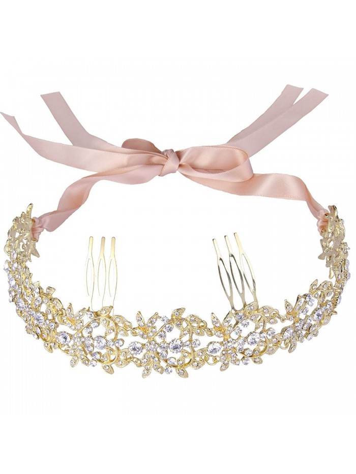 EVER FAITH Austrian Crystal Elegant Floral Leaf Ribbon Heart Shape Hair Band with Combs Clear - Gold-Tone - C31260MBXFT