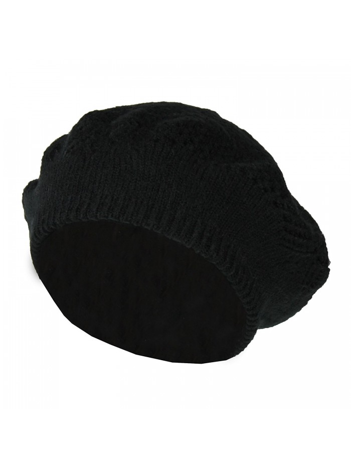 Winter Knit Pointelle Lace Beret Hat- Classic Slouchy Beanie Cap - Soft Stretch - Black - CT1868C6MR8