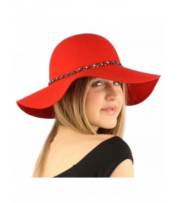 Winter Soft Wool Felt Chrome Hatband Floppy 3-1/2" Dress Church Hat Adjust - Red - CL11P4B8Y9B