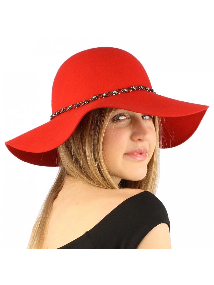 Winter Soft Wool Felt Chrome Hatband Floppy 3-1/2" Dress Church Hat Adjust - Red - CL11P4B8Y9B