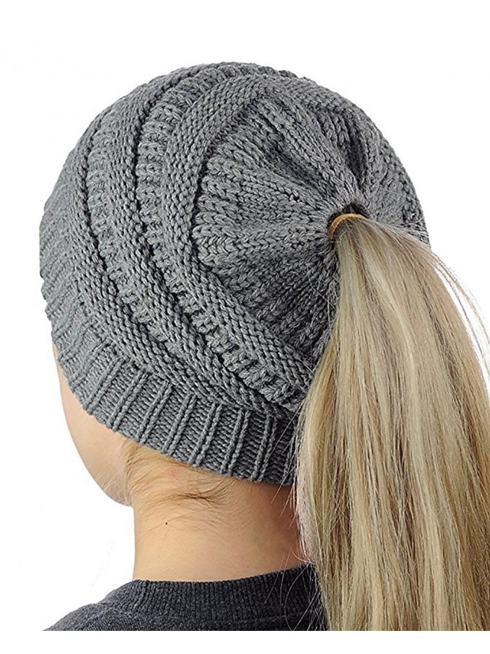 HOSONG Womens Ponytail Cap Warm and Soft Beanie Knitted Hat Messy High Bun Ponytail Beanie Hat - Dark Gray - CR186TES9M7