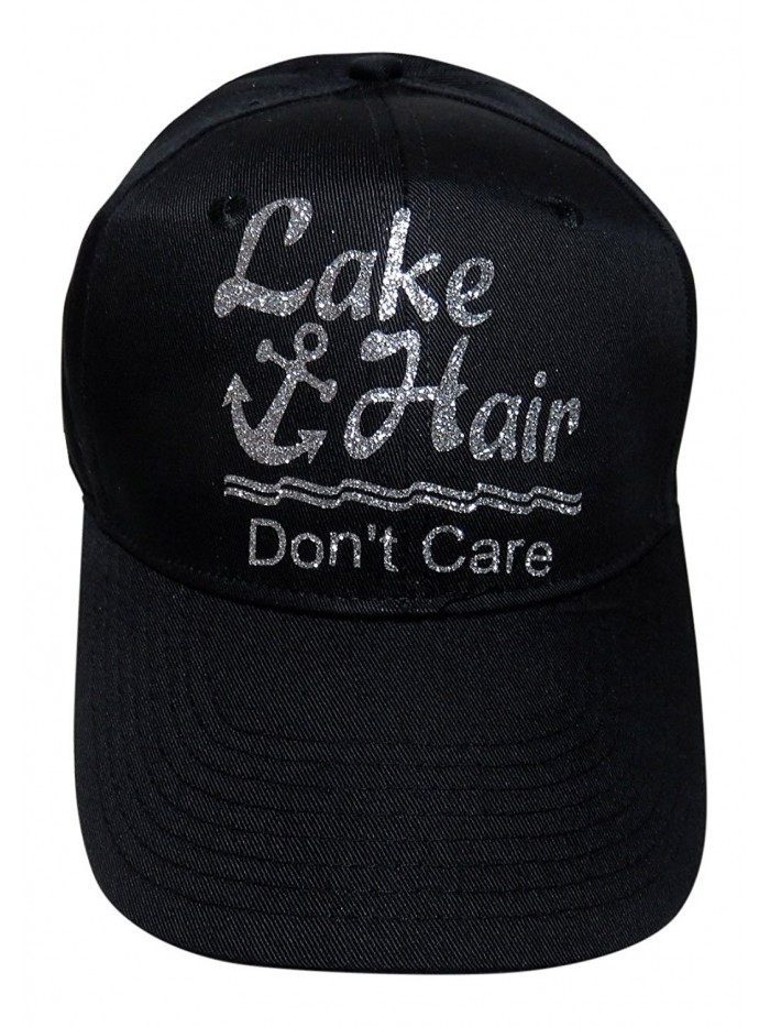 Glitter "Lake Hair Don't Care" Black Cotton Baseball Cap Hat - Silver Glitter - C812FYO26SH