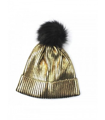 Genuiskids Women Fashion Pom Pom Beanie with Bling Sparkle Winter Fox Fur Slouchy Hat - golden - CJ188HM4T93