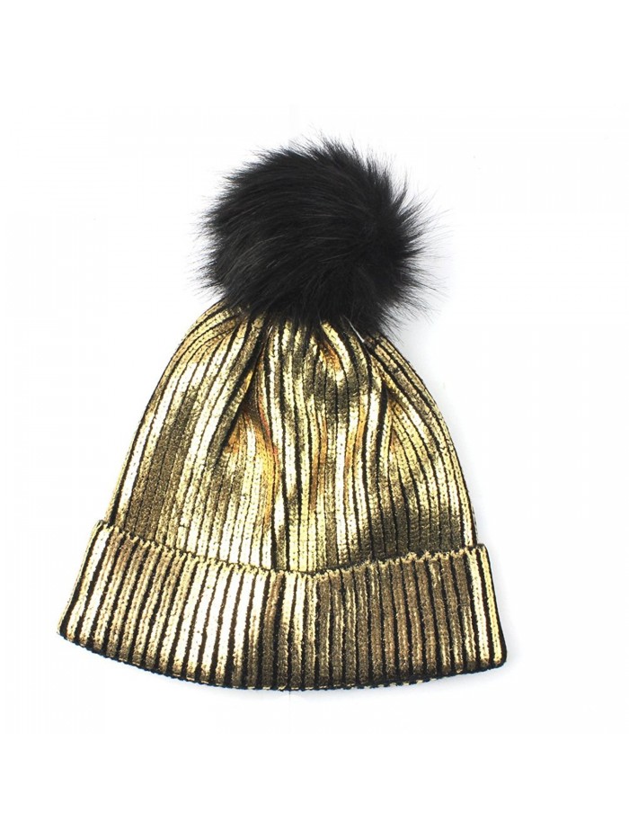 Genuiskids Women Fashion Pom Pom Beanie with Bling Sparkle Winter Fox Fur Slouchy Hat - golden - CJ188HM4T93
