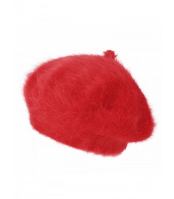 ililily Solid Color Angora French Beret Furry artist Flat Winter Hat - Red - CI188YDXSA4
