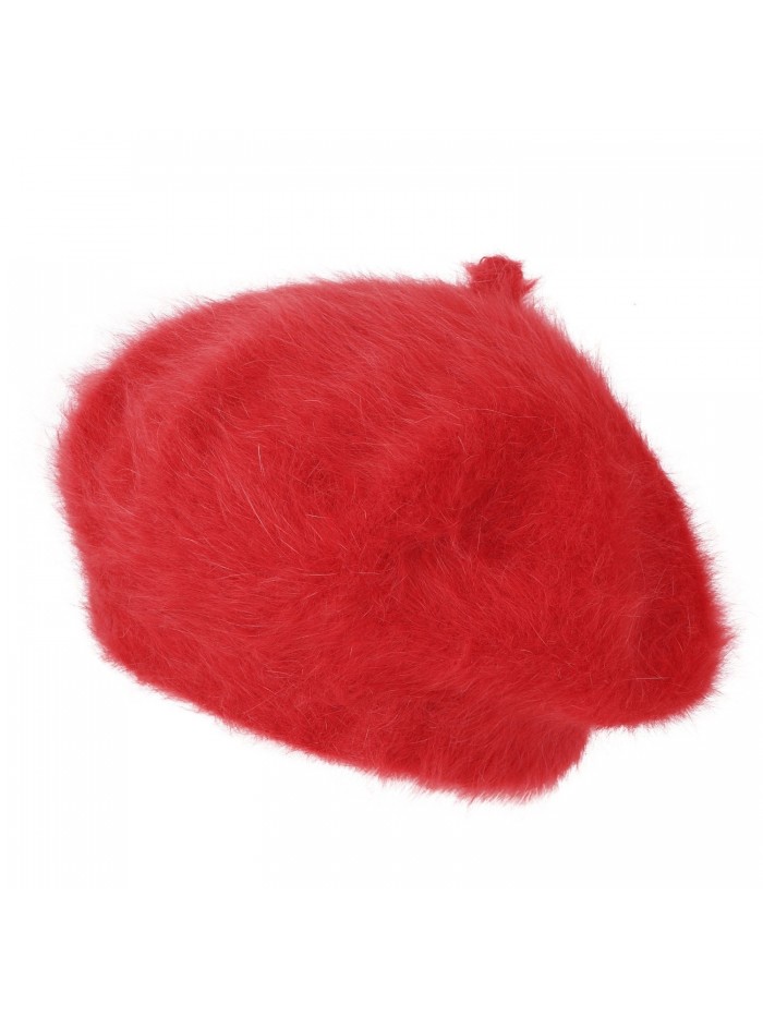 ililily Solid Color Angora French Beret Furry artist Flat Winter Hat - Red - CI188YDXSA4