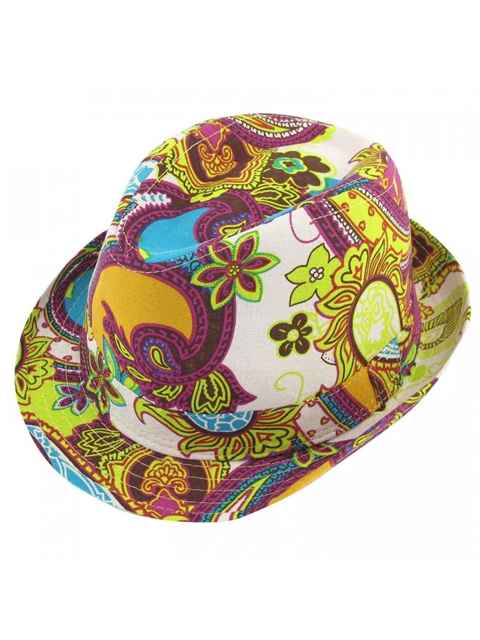 Summer Outdoors Paisley Print Yellow Blue Fedora Trilby Hat Cap for Men Lady - Fuchsia- Yellow- Blue- White - CK11GI7EROB