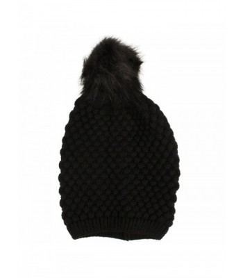 Ladies Pom Pom Faux Fur Chunky Bubble Knit Slouch Long Beanie Ski Hat Cap - Black - CQ127XURBX5