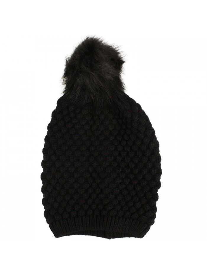 Ladies Pom Pom Faux Fur Chunky Bubble Knit Slouch Long Beanie Ski Hat Cap - Black - CQ127XURBX5