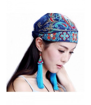 TURBANS For Women- Elegant Embroidered Elastic Turban Hat Head Scarf Chemo Caps - Blue - CL12FS8T9HP