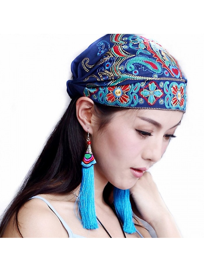 TURBANS For Women- Elegant Embroidered Elastic Turban Hat Head Scarf Chemo Caps - Blue - CL12FS8T9HP