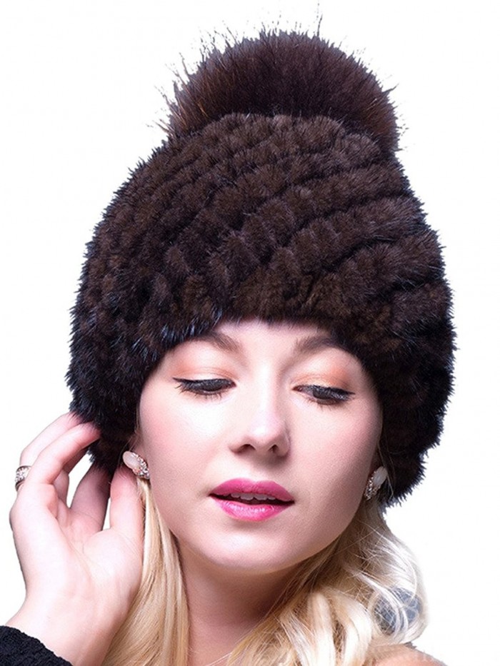 LITHER Thick Winter Genuine Knit Mink Fur Hat with Fox Fur Pom Pom Beanie Winter Warm Cap New Bonnet - Brown - CW12N7CZ83O