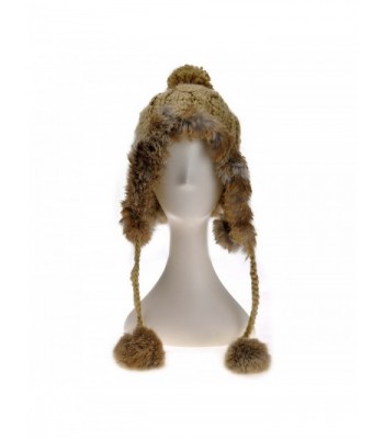 ZLYC Women Fashion Winter Warm Rabbit Fur Knit Bobble Beanie Cap Hat with Earflaps - Brown - C1125925DKH