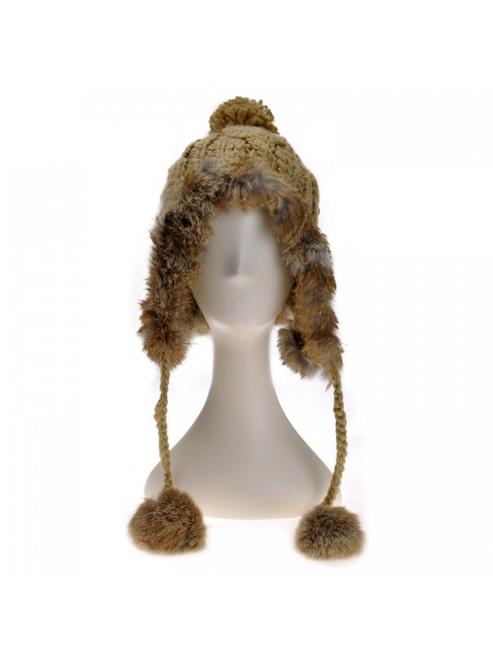 ZLYC Women Fashion Winter Warm Rabbit Fur Knit Bobble Beanie Cap Hat with Earflaps - Brown - C1125925DKH