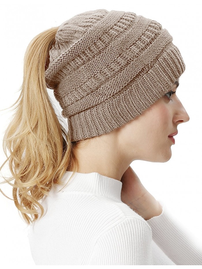 Lovful Women's Winter Cable Knit Warm Ponytail Beanie Hat - Camel - CR188N5IGMZ