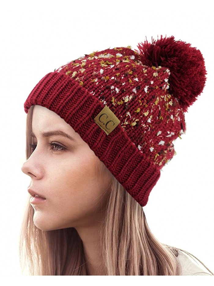 NYFASHION101 Exclusive Winter Top Pom Pom Knit Confetti Cuff Beanie Hat - Burgundy - CY1274IMUPF