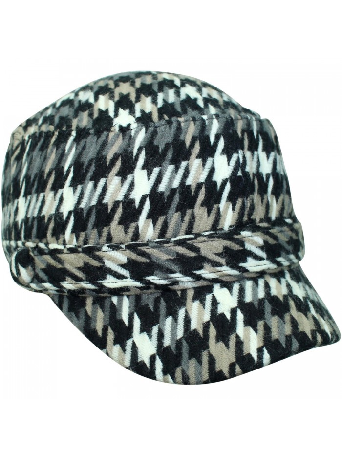 Luxury Divas Houndstooth Plaid Cadet Cap Hat - Black - C6117B5846V