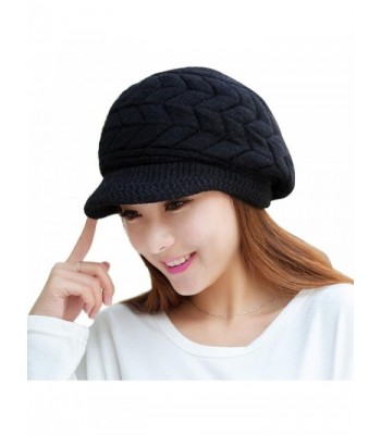 Womens Winter Warm Knitted Hats Slouchy Wool Beanie Hat Cold Weather Cap With Visor - Black - C3188N6859M