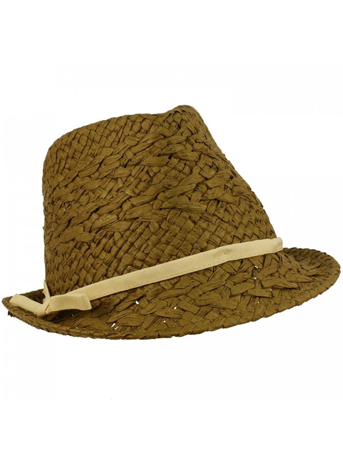 Ladies Teens Beach Summer Light Weight Ribbon Bow Vent Fedora Sun Cap Hat - Brown - CT118JZ0ELF