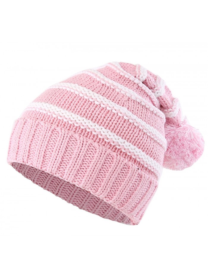 Connectyle Teen Girls Womens Stripe Knit Skull Beanie Cap Fleece Lined Winter Hat - Pink - C4186DRKKSG