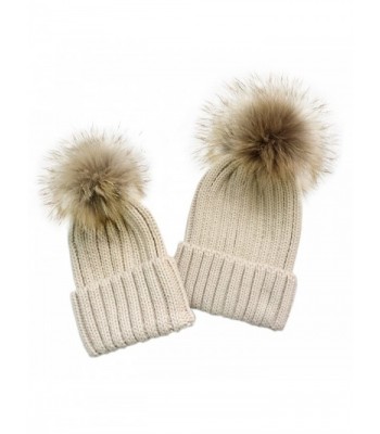 YC FASHION 2PC Parent-Child Real Raccoon Fur Pom Pom Knit Hat Stretchy Mother Baby Beanie Hat - Beige - C81884H9TGH