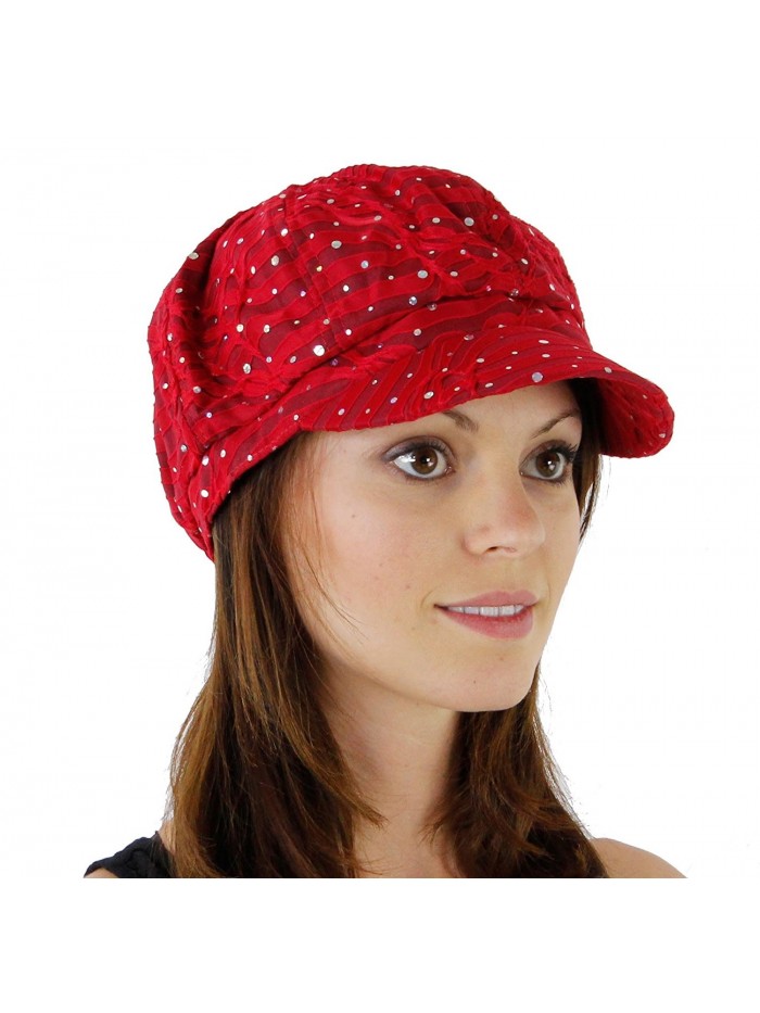 Glitter Sequin Trim Newsboy Style Relaxed Fit Cap- Red - C011993S6JX