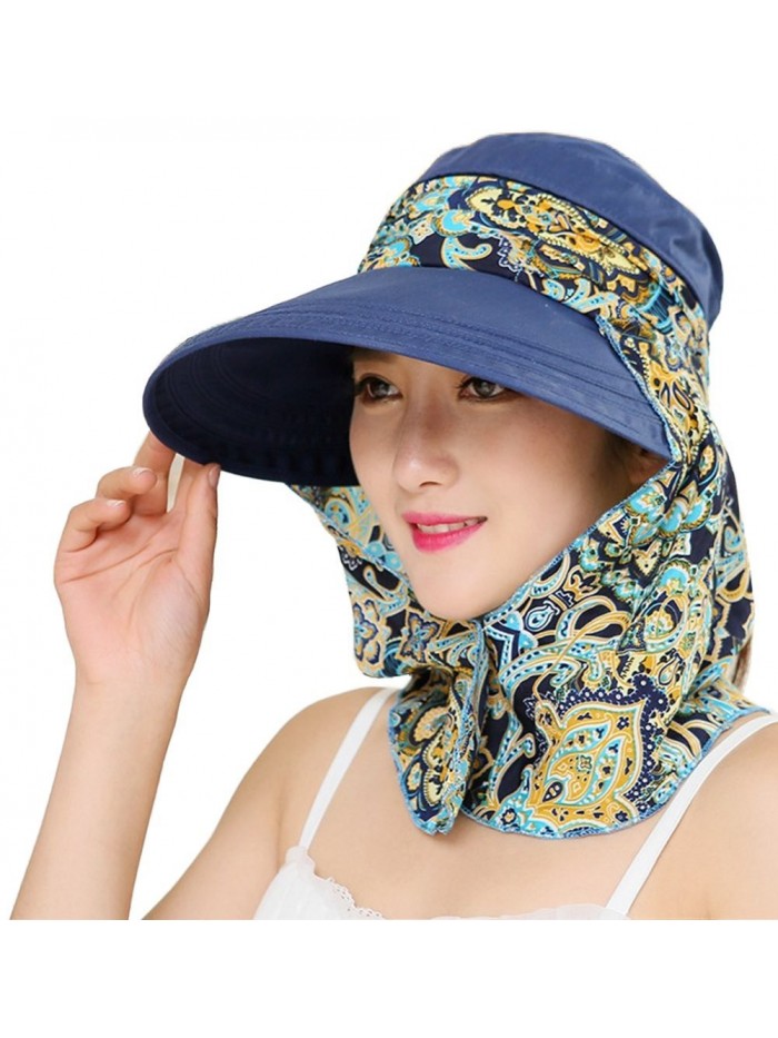 Roll Up Wide Brim Sun Visor UPF 50+ UV Protection Sun Hat with Neck Protector - Dark Blue - CB17YX8O5IS