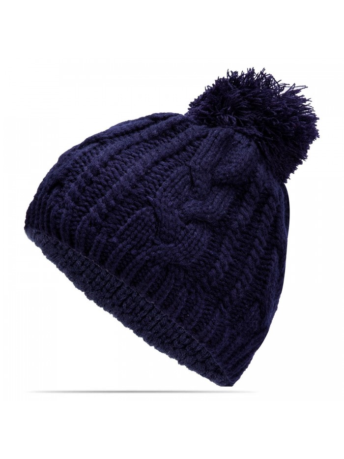 Nine City Unisex Knitted Beanie With Pom and Fleece Lining Skull Cap (Navy) - CL12N4ZLQZQ