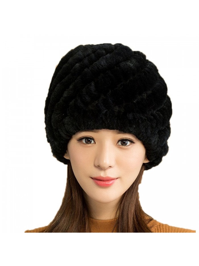 Zegeon Women's Knit Rex Rabbit Hat Beanie Winter Warm Fur Hats - Black - CD12O9QAJJB