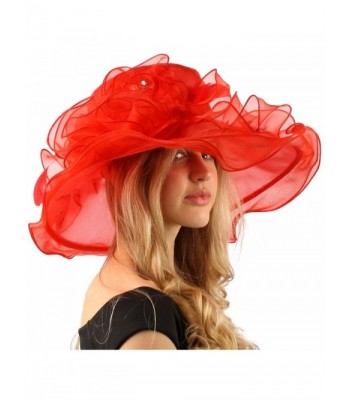 Bella Cielo Ruffle Cascade Floral Feathers Jewel Derby Floppy Wide 7" Hat - Red - C312CPH33BP