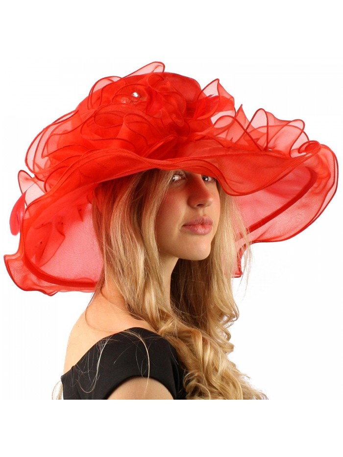 Bella Cielo Ruffle Cascade Floral Feathers Jewel Derby Floppy Wide 7" Hat - Red - C312CPH33BP