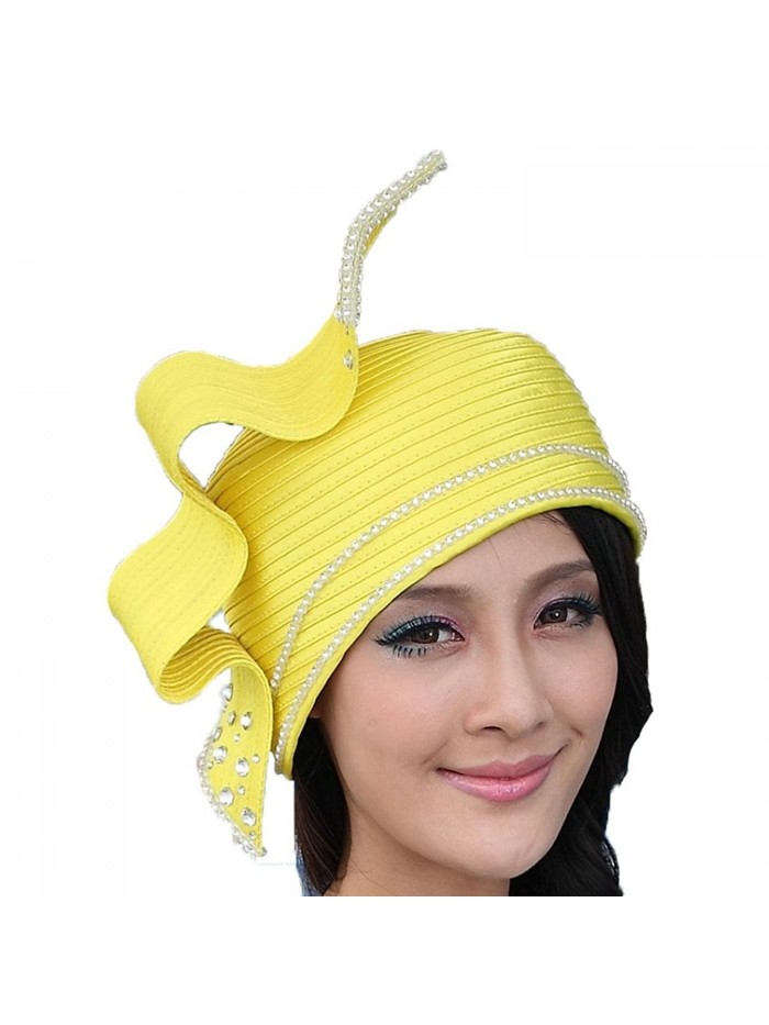 June's Young Fashion Church Hat for Women Satin Hat Bucket Cloche Hat 2 Bright Colors - Yellow - CA11I00UG4J