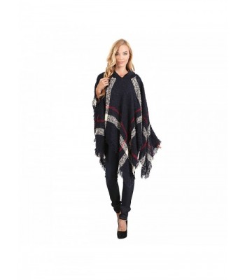 Hooded Plaid Poncho with Tassels - Navy and Red - CM127YK89SZ