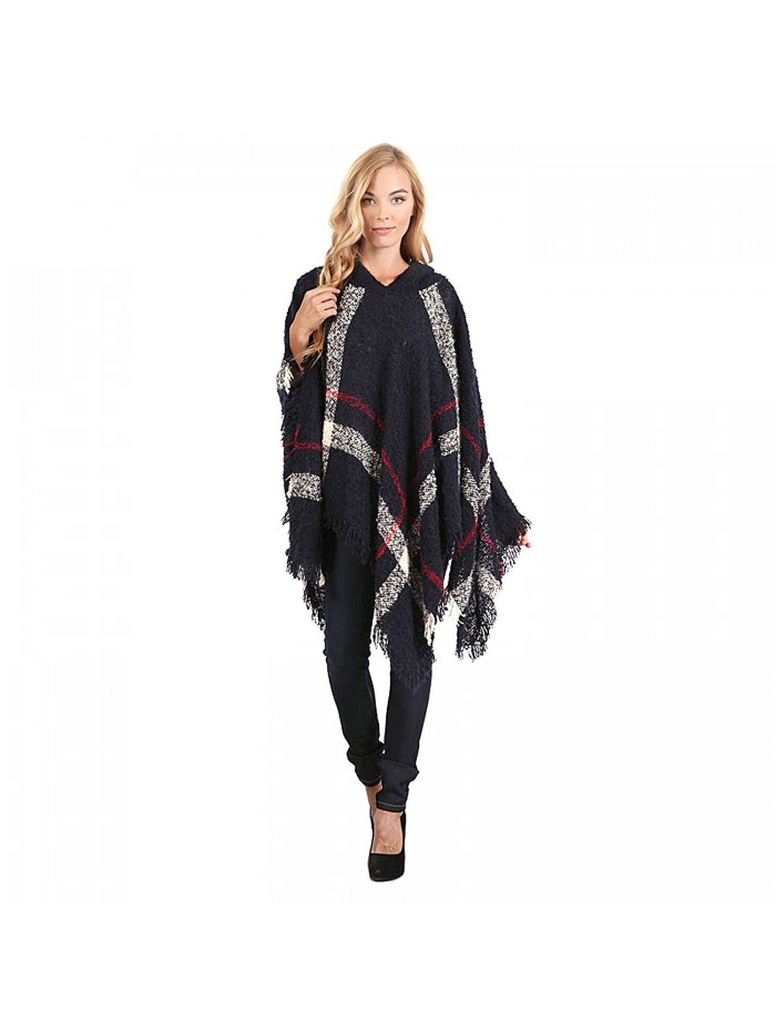 Hooded Plaid Poncho with Tassels - Navy and Red - CM127YK89SZ