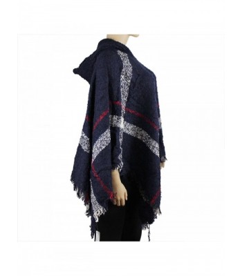 Hooded Plaid Poncho Tassels Navy