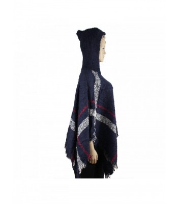 Hooded Plaid Poncho Tassels Navy in Wraps & Pashminas