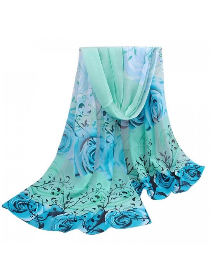 Kingfansion Women Beautiful Rose Pattern Chiffon Shawl Wrap Wraps Scarf Scarves - Blue - C212CG5F8ZF