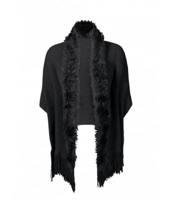 Women's Faux Fur Trimmed Shawl - Soft Knit Wrap Scarf - Black - C0187UG2Z87