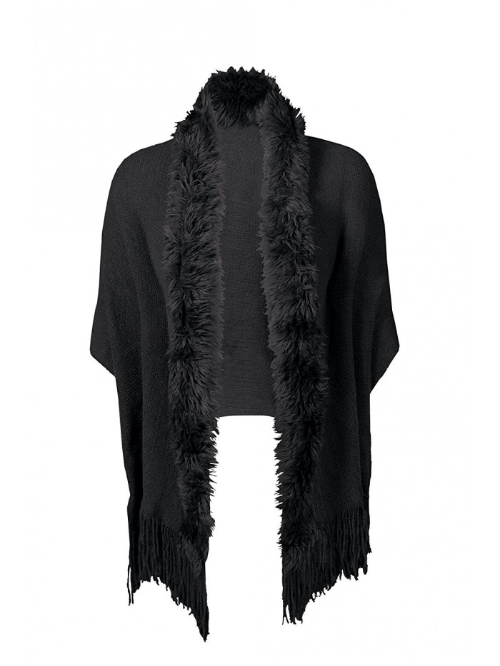 Women's Faux Fur Trimmed Shawl - Soft Knit Wrap Scarf - Black - C0187UG2Z87