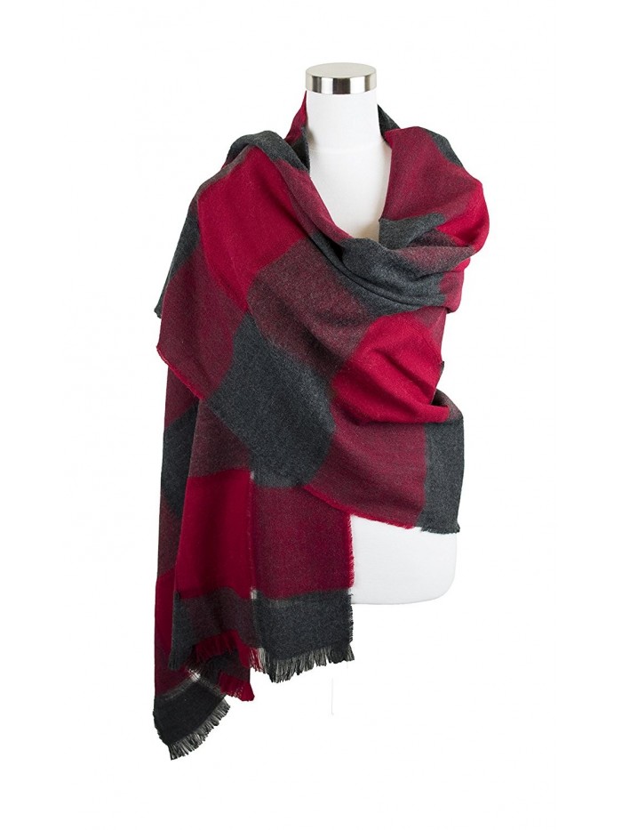 Womens Two Tone Check Patterned Oblong Scarf with Fringe - Burgundy/Black - CF1852OYG30