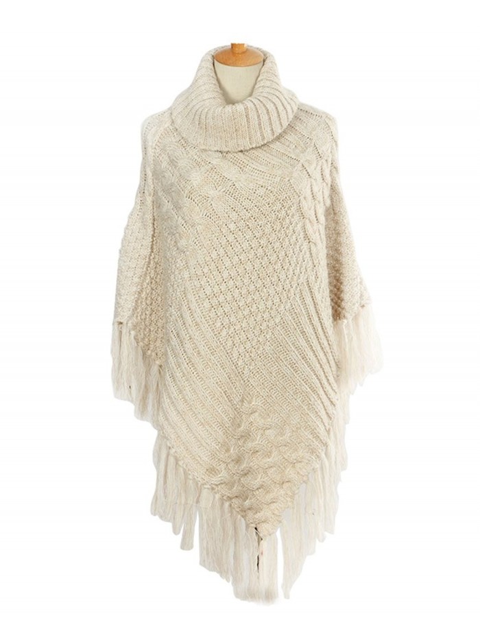 Camellia12 Chunky Knit Turtleneck Tassels Poncho Sweater Shawl Wrap Blanket Cape - CX186SDH0CE