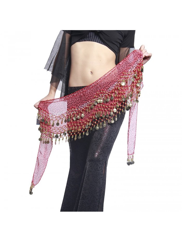 UPRIVER GALLERY Chiffon Ringing Coin Leopard Belly Dance Hip Scarf Waist Belt - Red - CT1295Z7V4F