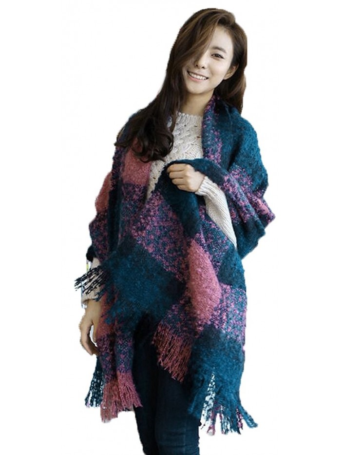 Women's Large Plaid Scarf Cape Poncho with Fringe - Bluepuple - CN127YT0S2B